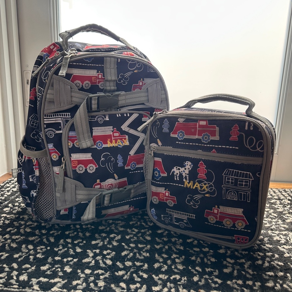 Pottery Barn Kids - MAX Fire Truck Backpack and Lunchbox Set - Red and Gray